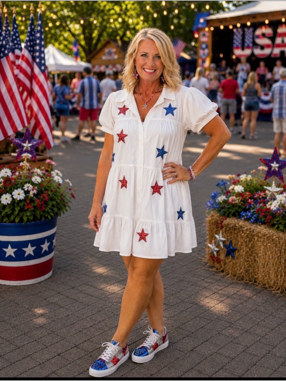 Peach Love California White Mini Dress with Red & Blue Sequin Stars Large NWOT
